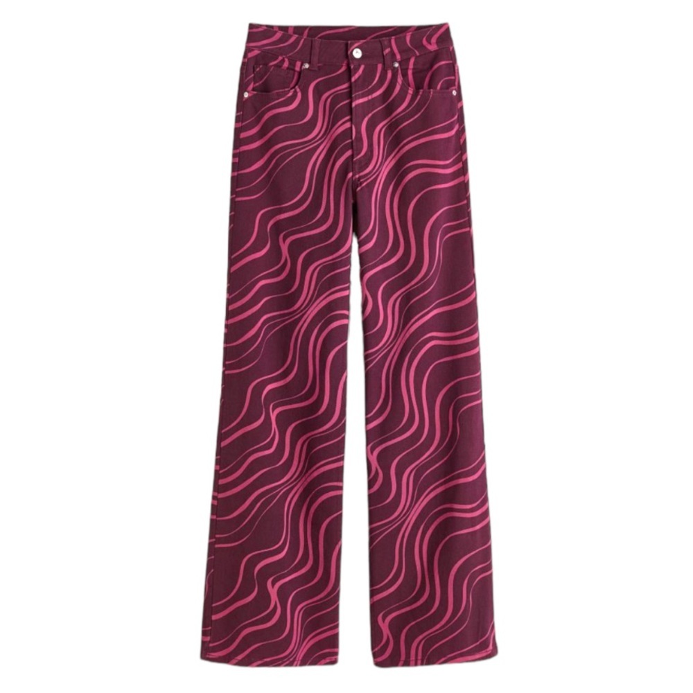 H&M Y2K Swirl Wide Leg Twill Pants Jeans 90s Pink Burgundy New w Tags Sz 4